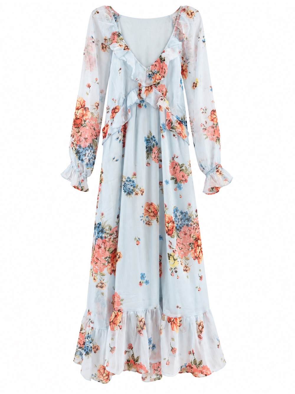 Patrons of Peace Light Blue Floral Ruffle Maxi Dress